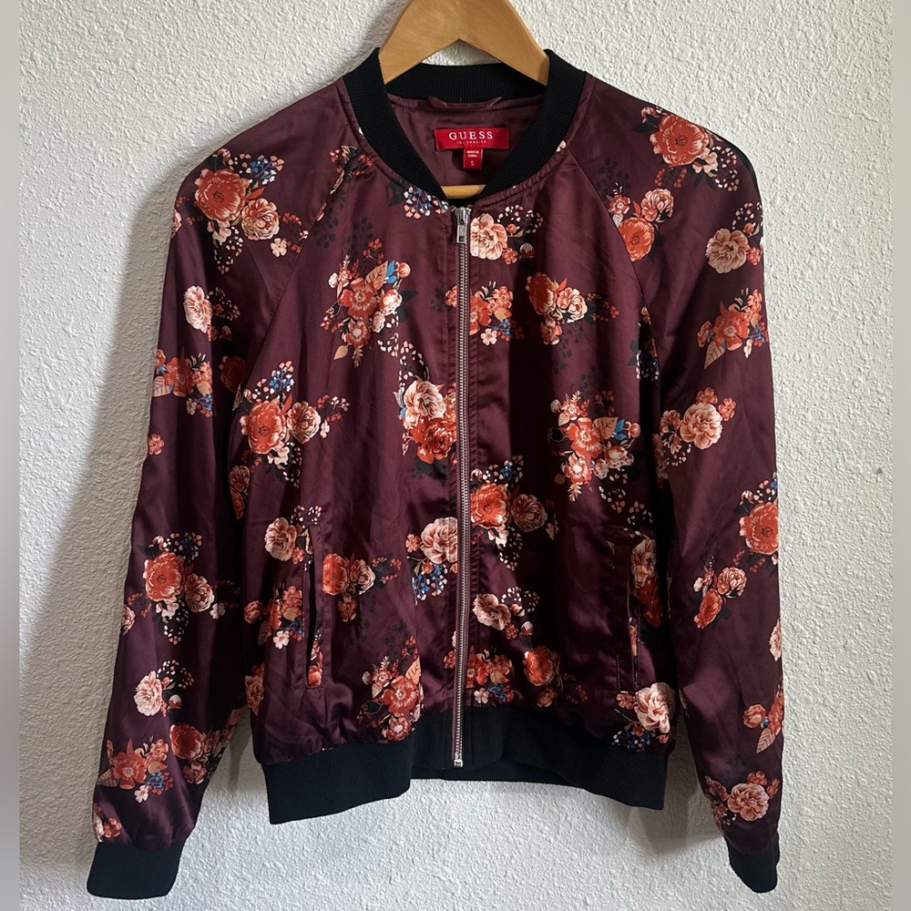 Guess Zip Up Bomber Jacket Silk Floral Print Size Small